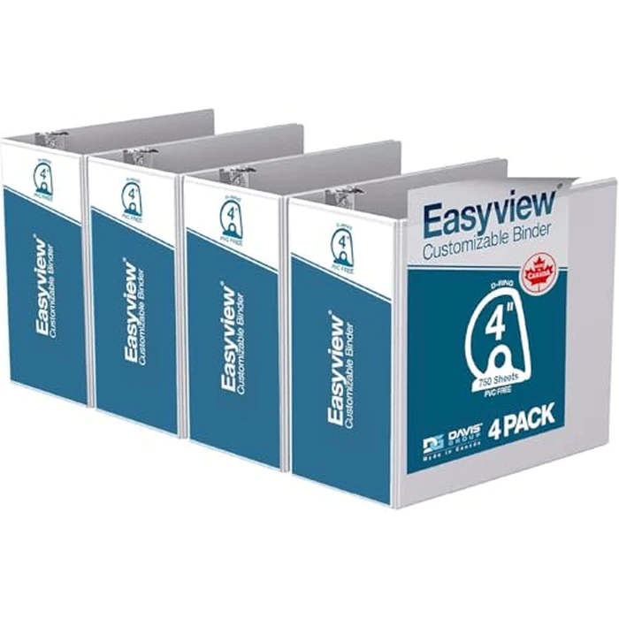 EasyView Premium Angled D-Ring 4-Inch Binders with Clear-View Covers, Customizable 3-Ring Binders for School, Office, or Home, Pack of 4, White by Davis Group - Used - Very Good condition