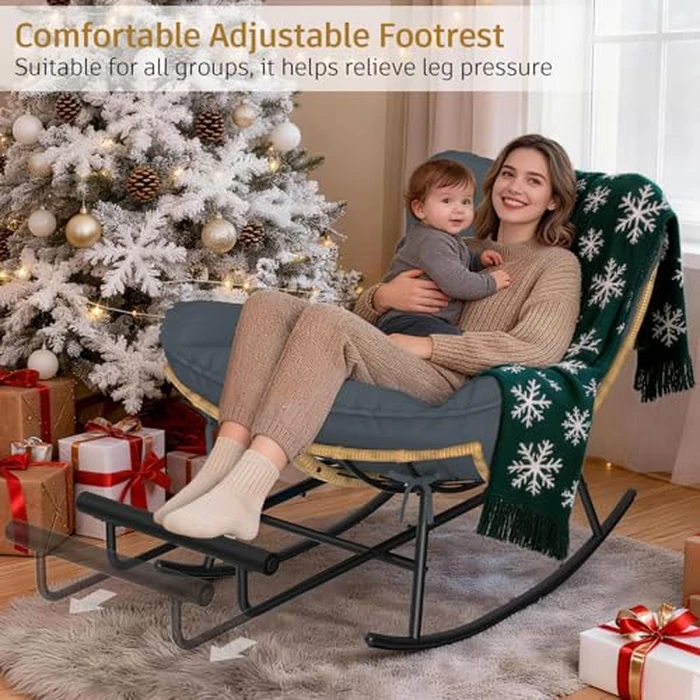 ZENPETIO Outdoor Rocking Chair - Oversized Metal Frame Papasan Rocking Chair with All Weather PE Wicker Rattan Rocker and Footrest for Patio, Balcony, Porch, Lawn and Living Room - Grey by ZENPETIO - Image 4