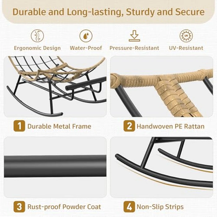 ZENPETIO Outdoor Rocking Chair - Oversized Metal Frame Papasan Rocking Chair with All Weather PE Wicker Rattan Rocker and Footrest for Patio, Balcony, Porch, Lawn and Living Room - Grey by ZENPETIO - Image 5