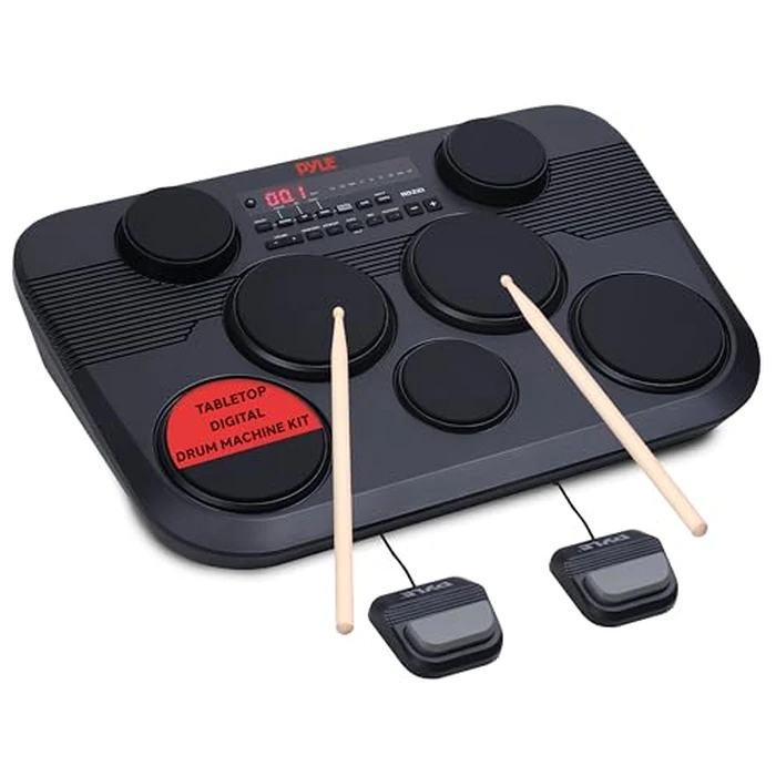 Pyle Electronic Tabletop Digital Drum Set, Compact Portable Drum Pad Kit w/ 7 Touch Sensitive Drum Pads and Pedals, 273 Sounds, USB & Headphone Outputs, MIDI/AUX Inputs, 4x5” Drums & 3x3.5” Cymbals by Pyle - Used - Very Good condition