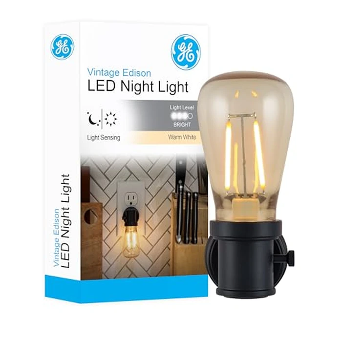 GE Vintage LED Edison Night Light, Plug-in, Dusk to Dawn Sensor, Farmhouse Decor, Mood Lighting, Home Decor, Ambient Lighting, LED Lights for Bedroom, Bathroom, Kitchen, Hallway, Black, 1 Pack, 64346 by GE - Used - Very Good condition