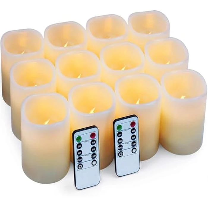 Hausware Flameless Candles Battery Operated Candles Set of 12 (D: 3" x H: 4") Real Wax Pillar Flickering Candles LED Flameless Candles with Remote and Timer Control (Ivory Color) by Hausware - Image 1