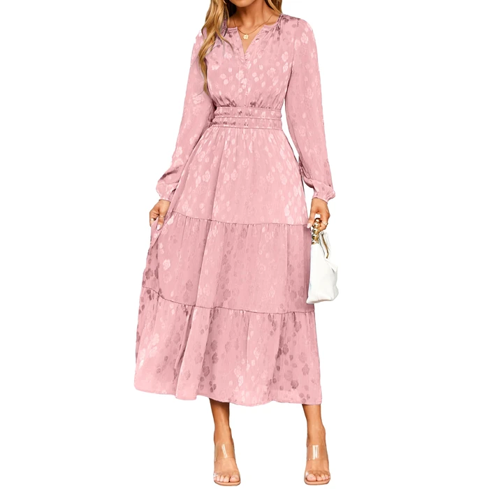 Simplee Womens Casual Long Sleeve Dress Fall Elegant Wedding Guest V-Neck Maxi Floral Dresses 2025 Trendy(X-Large,Pink) by Simplee - Image 1