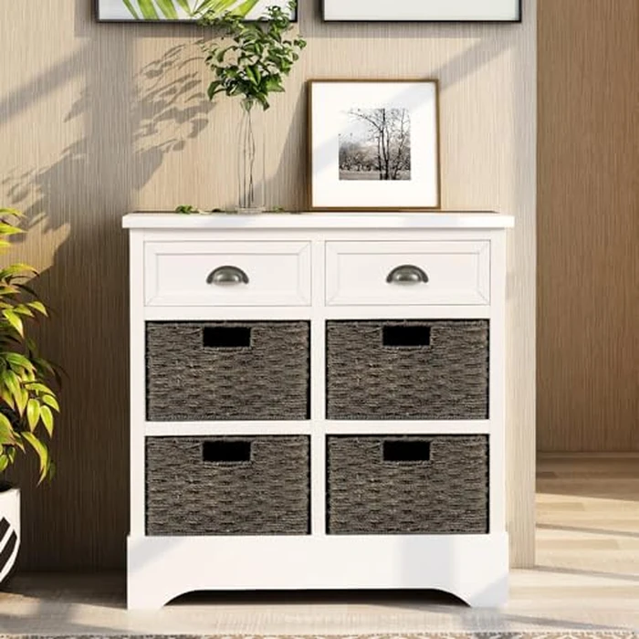 Treexn Rustic Storage Sideboard, Farmhouse Acacia Wood & Wicker Basket Storage Cabinet with 2 Drawers & 4 Rattan Baskets, No Assembly Required, 28" Wx 11.8" D x 28" H, White by GDFStudio - Used - Like New condition