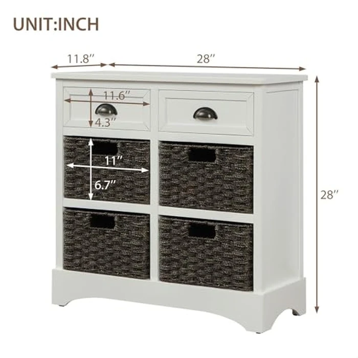 Treexn Rustic Storage Sideboard, Farmhouse Acacia Wood & Wicker Basket Storage Cabinet with 2 Drawers & 4 Rattan Baskets, No Assembly Required, 28" Wx 11.8" D x 28" H, White by GDFStudio - Image 4