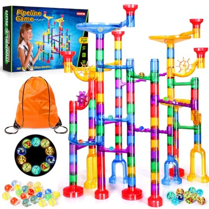 Meland Marble Run - 132Pcs Marble Maze Game Building Toy for Kid, Marble Track Race Set & STEM Learning Toys for Boy Girl Age 3 4 5 6 7 8 9+ (102 Translucent Marbulous Pcs & 30 Glass Marbles) by Meland - Used - Like New condition - US$35.48