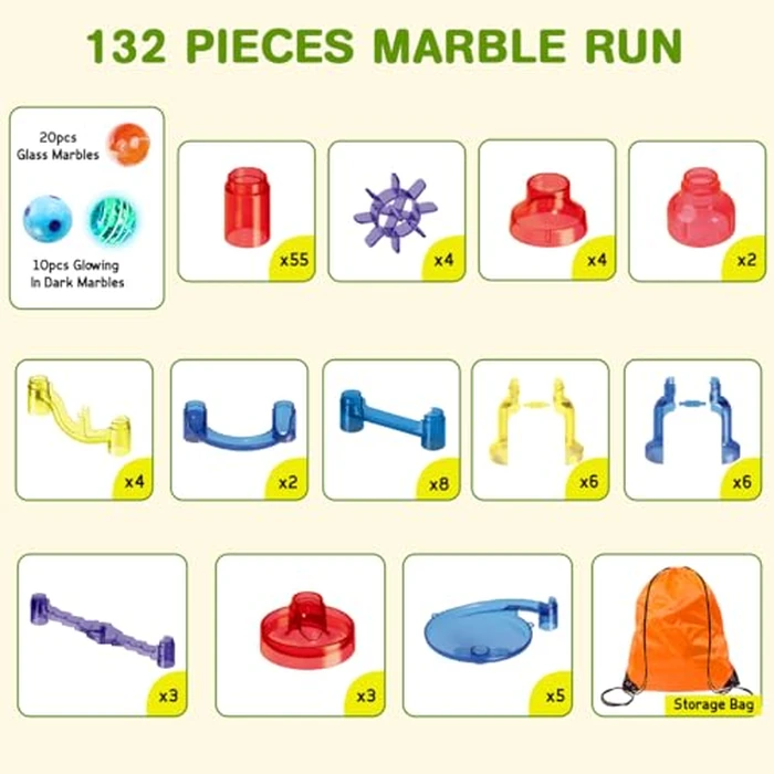 Meland Marble Run - 132Pcs Marble Maze Game Building Toy for Kid, Marble Track Race Set & STEM Learning Toys for Boy Girl Age 3 4 5 6 7 8 9+ (102 Translucent Marbulous Pcs & 30 Glass Marbles) by Meland - Image 2