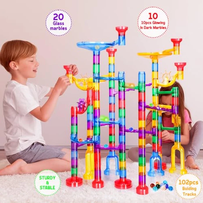 Meland Marble Run - 132Pcs Marble Maze Game Building Toy for Kid, Marble Track Race Set & STEM Learning Toys for Boy Girl Age 3 4 5 6 7 8 9+ (102 Translucent Marbulous Pcs & 30 Glass Marbles) by Meland - Image 4