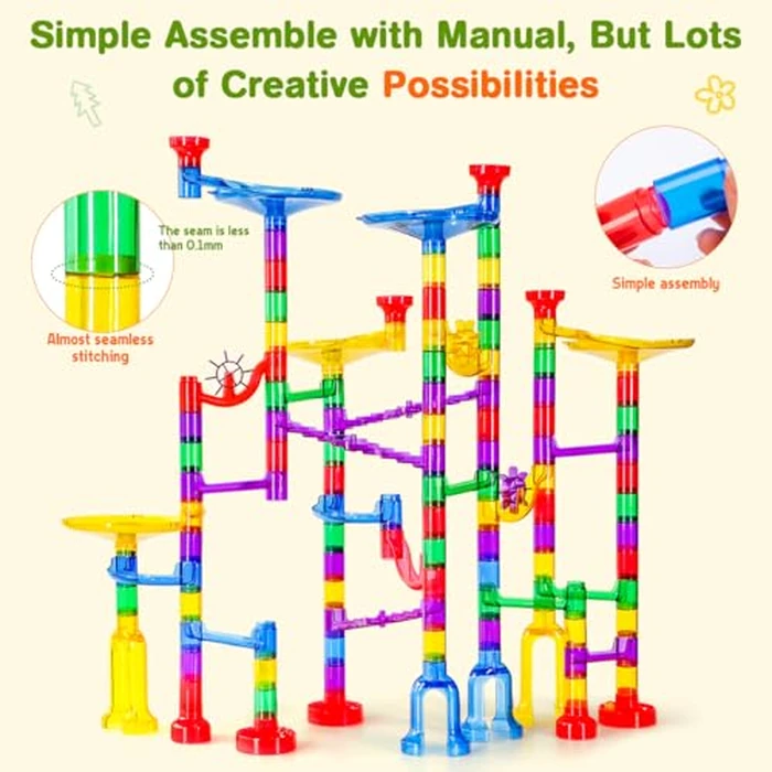 Meland Marble Run - 132Pcs Marble Maze Game Building Toy for Kid, Marble Track Race Set & STEM Learning Toys for Boy Girl Age 3 4 5 6 7 8 9+ (102 Translucent Marbulous Pcs & 30 Glass Marbles) by Meland - Image 5