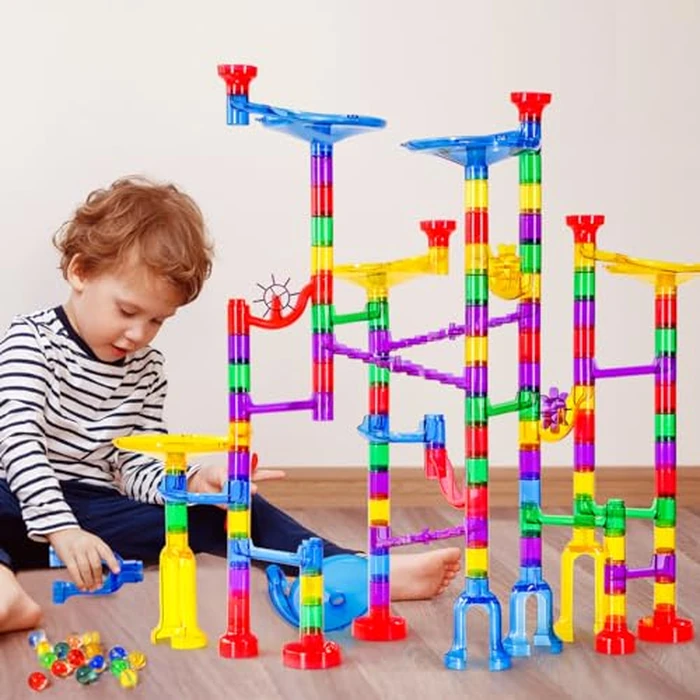 Meland Marble Run - 132Pcs Marble Maze Game Building Toy for Kid, Marble Track Race Set & STEM Learning Toys for Boy Girl Age 3 4 5 6 7 8 9+ (102 Translucent Marbulous Pcs & 30 Glass Marbles) by Meland - Image 7