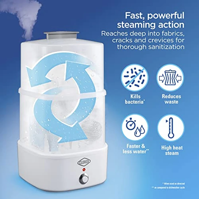 Clorox 2-Tier Electric Steam Sanitizer for Kitchen Utensils, Cleaning Sponges, Bathroom Accessories, Brushes & More, Kills 99.999% of Bacteria, Easy to Use, Compact Design, Space-Saving Storage, White by Clorox - Image 3