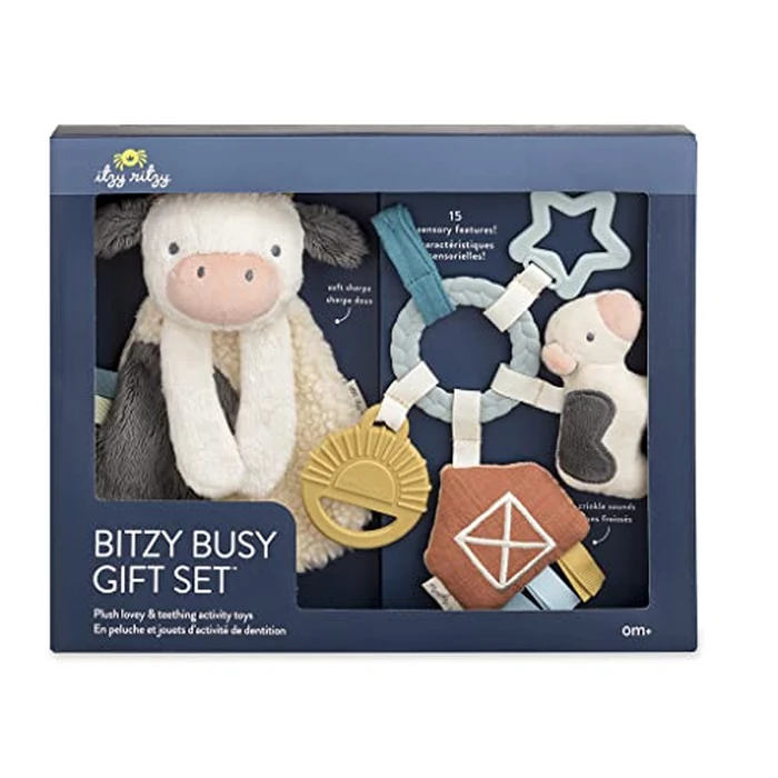 Itzy Ritzy Farm Toy Gift Set - Includes Cow Lovey & Farm-Themed Busy Ring Car Seat and Stroller Toy - Features Crinkle Sounds, Engaging Textures & Silicone Teething Relief (Farm) by Itzy Ritzy - Used - Like New condition