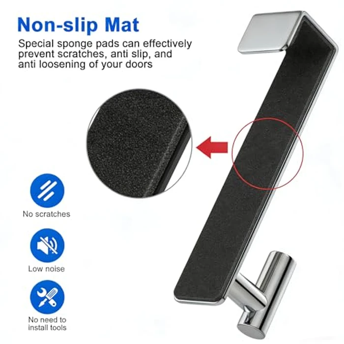 PMMASTO Over The Door Hooks 2-Pack, Rustproof Stainless Steel Door Hanger with Non-Slip Pads for Towels Coats Wreath Bathroom Kitchen Entryway Office (Silver, Fits 1-3/4" Thick Door-T Shape) by PMMASTO - Image 4