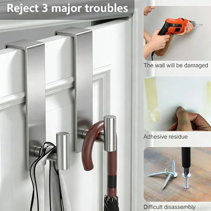 PMMASTO Over The Door Hooks 2-Pack, Rustproof Stainless Steel Door Hanger with Non-Slip Pads for Towels Coats Wreath Bathroom Kitchen Entryway Office (Silver, Fits 1-3/4" Thick Door-T Shape) by PMMASTO - Image 5