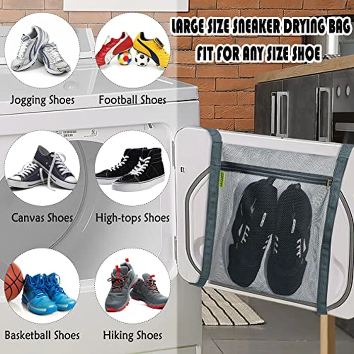 3 Pcs Sneaker Wash & Dry Net Bag for Dryer,15.7x13.8 Inch Large HoneyComber Mesh Bags with Zipper and Strap for Shoes, Clothing, Laundry Reused Bag Tool (Grey) by GOCOHHI - Image 4