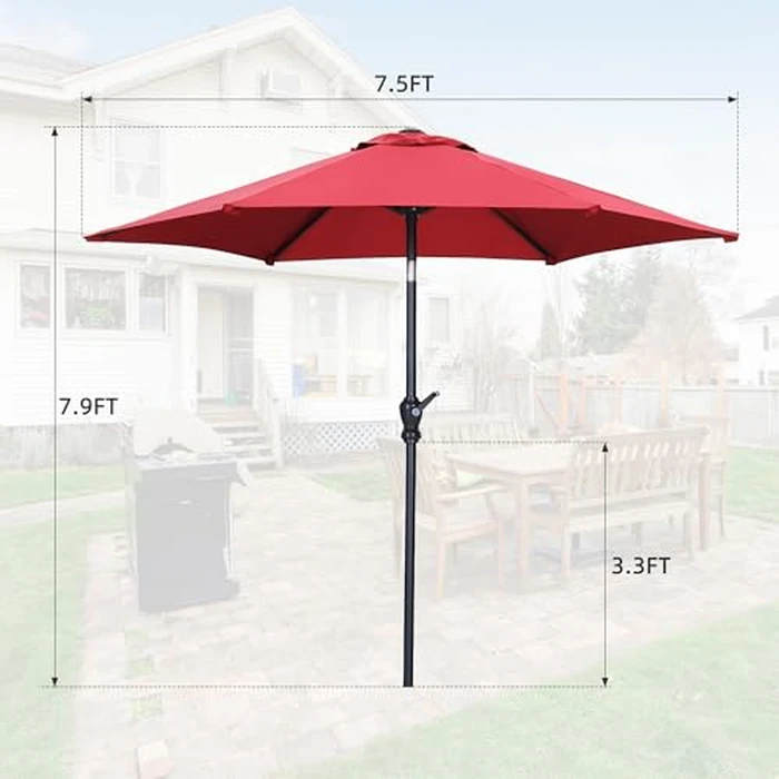 Wonlink 7.5FT Patio Umbrella, Outdoor Table Umbrella,Market Umbrella with Push Button Tilt and Crank for Garden, Lawn, Deck, Backyard & Pool (Red) by Wonlink - Image 2