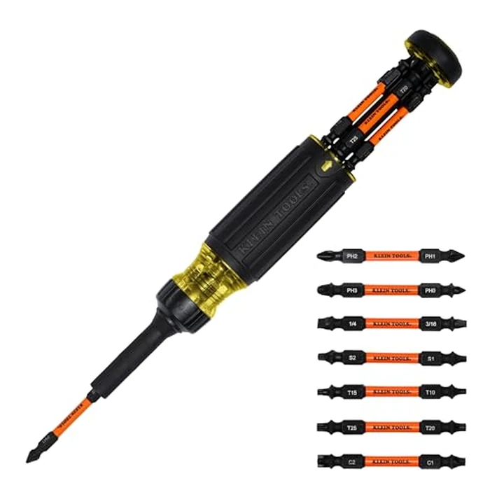 Klein Tools 32315HD 15-in-1 Multi-Bit Ratcheting Screwdriver, Impact-Rated, 7 Double-Ended ProFlex Torsion Zone Tips, 1/4-Inch Nut Driver, 8-Piece by KLEIN TOOLS - Used - Very Good condition