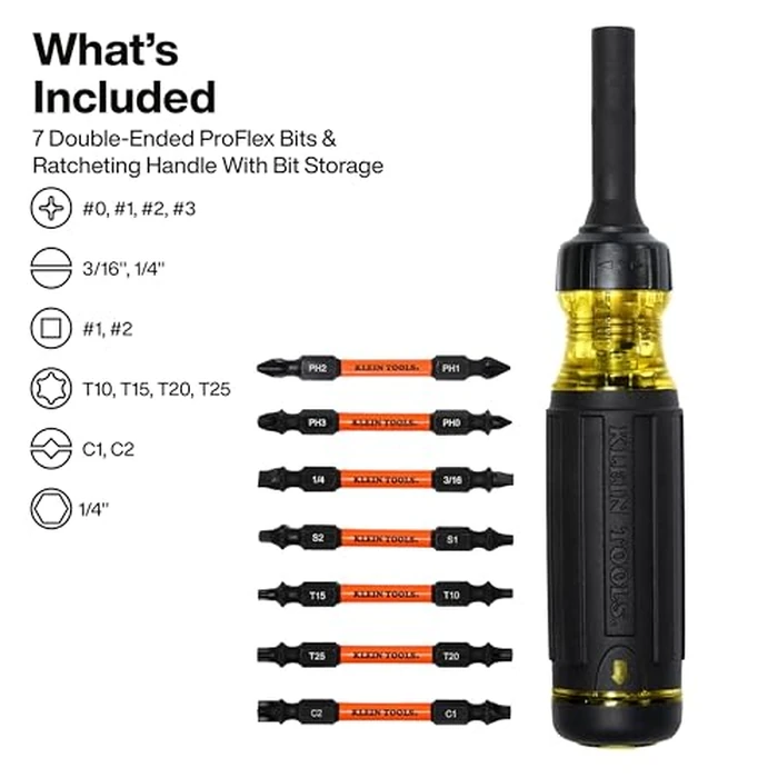 Klein Tools 32315HD 15-in-1 Multi-Bit Ratcheting Screwdriver, Impact-Rated, 7 Double-Ended ProFlex Torsion Zone Tips, 1/4-Inch Nut Driver, 8-Piece by KLEIN TOOLS - Image 2