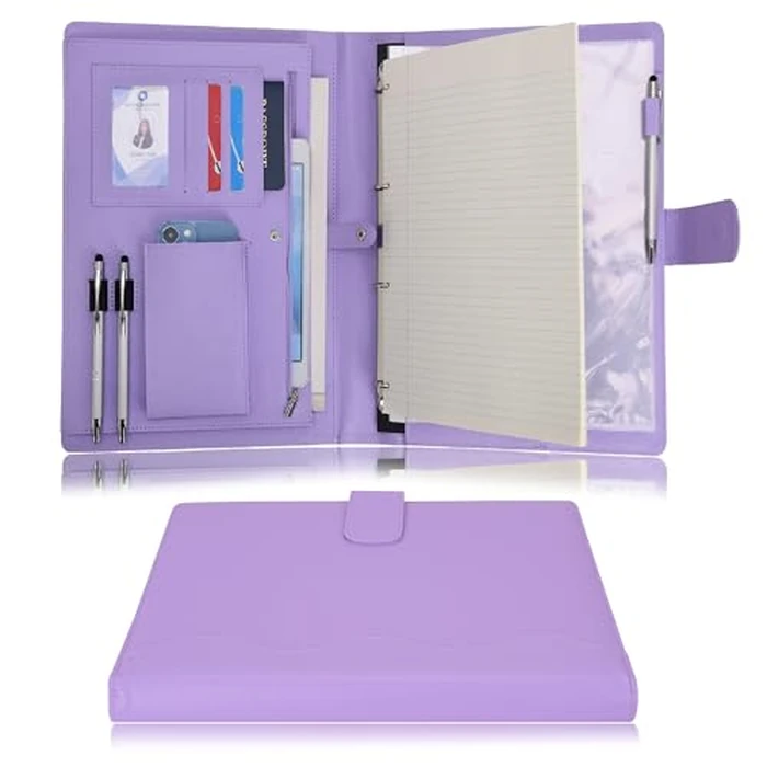 Wonderpool A4 PU Leather 4 Ring Holder Writing Portfolio Multi Document Case with Removable Binder Clipboard and Functional Pocket for Organizer Office Travel School (Purple) by Wonderpool - Image 1