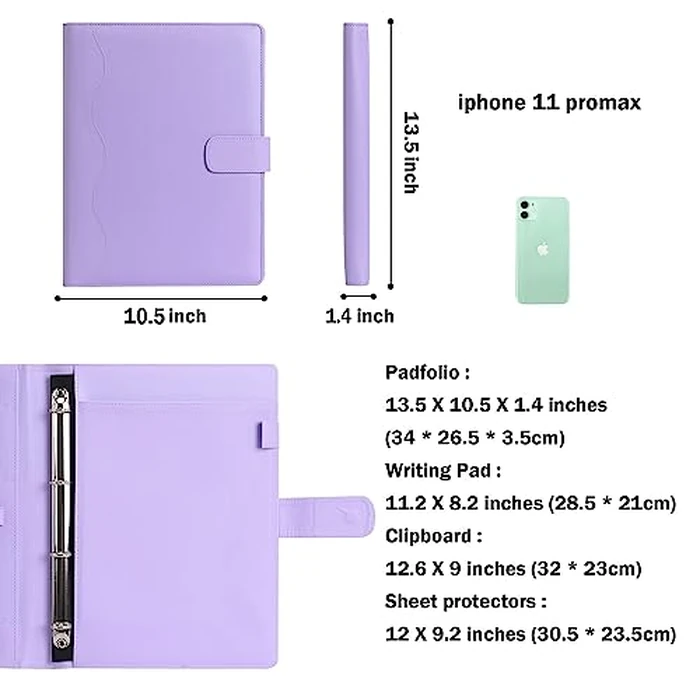 Wonderpool A4 PU Leather 4 Ring Holder Writing Portfolio Multi Document Case with Removable Binder Clipboard and Functional Pocket for Organizer Office Travel School (Purple) by Wonderpool - Image 3