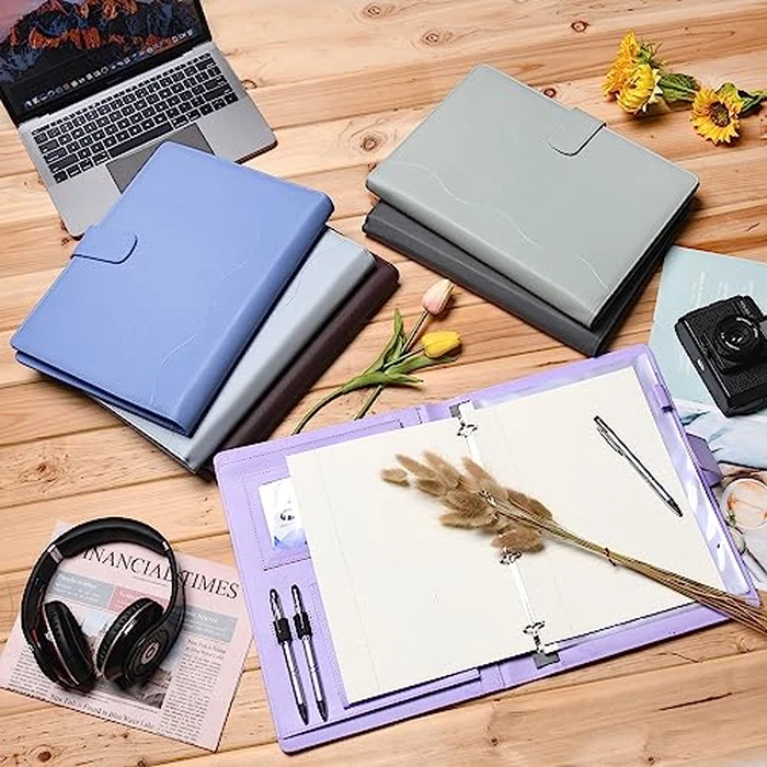 Wonderpool A4 PU Leather 4 Ring Holder Writing Portfolio Multi Document Case with Removable Binder Clipboard and Functional Pocket for Organizer Office Travel School (Purple) by Wonderpool - Image 4