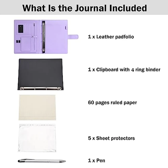 Wonderpool A4 PU Leather 4 Ring Holder Writing Portfolio Multi Document Case with Removable Binder Clipboard and Functional Pocket for Organizer Office Travel School (Purple) by Wonderpool - Image 7