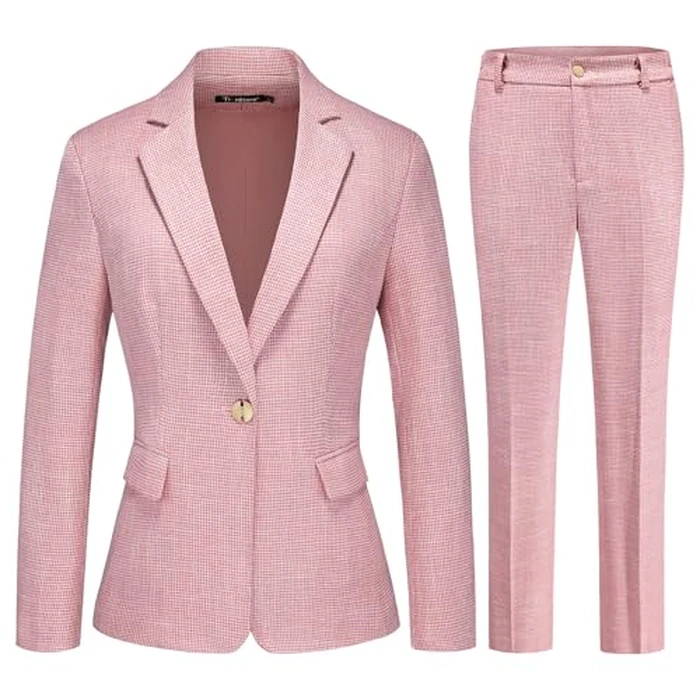 TRONSTORE Women's Suit 2 Piece Set Business Pants Suit for Women Pinstripe Houndstooth Blazer Pink S by TRONSTORE - Image 1