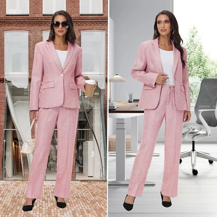 TRONSTORE Women's Suit 2 Piece Set Business Pants Suit for Women Pinstripe Houndstooth Blazer Pink S by TRONSTORE - Image 3