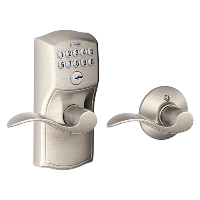 Schlage Camelot Keypad Lock with Lever Handle, Electronic Keyless Door Entry, Auto‑Lock Enabled, Satin Nickel, FE575 CAM 619 ACC by SCHLAGE - Used - Like New condition - CA$120.65