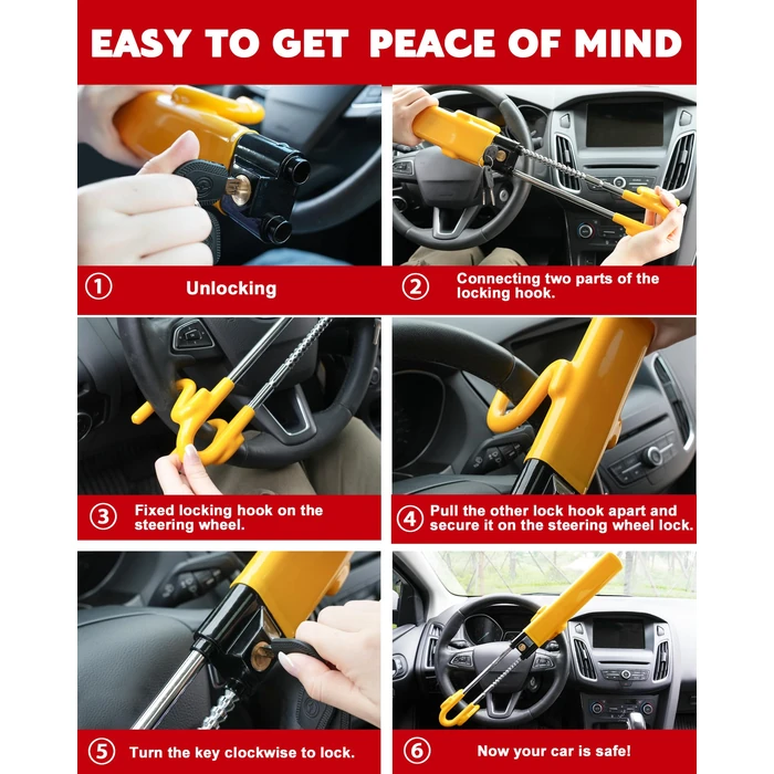 Tevlaphee Steering Wheel Lock Anti-Theft Car Device Heavy Duty Security Car Lock Antitheft Locking Devices Great Deterrent Adjustable Car Wheel Lock Anti Theft for Vehicle Truck with 3 Keys(Yellow) by Tevlaphee - Image 4