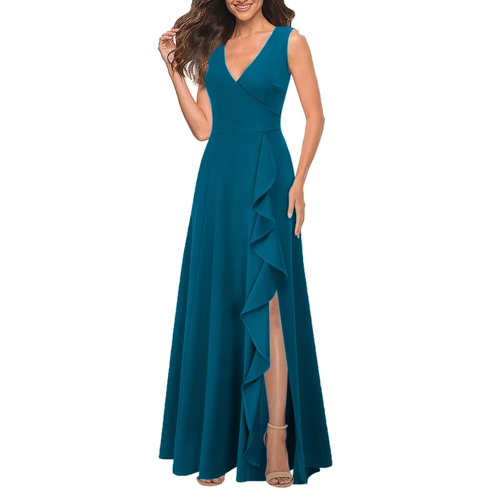 MUSHARE Women's V Neck Sexy Split Cocktail Dress with Pockets Ruffle Party Long Formal Dress by MUSHARE - Image 2