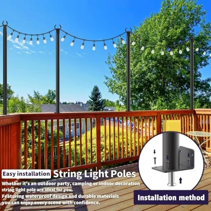 AHRLHR 5 Ft String Light Poles 4 Pack, String Light Poles for Outside with Fixing Clips,Hanging Light Poles for Deck Fence Garden Backyard Wall Bistro,Metal Poles for Outdoor String Lights by AHRLHR - Image 2