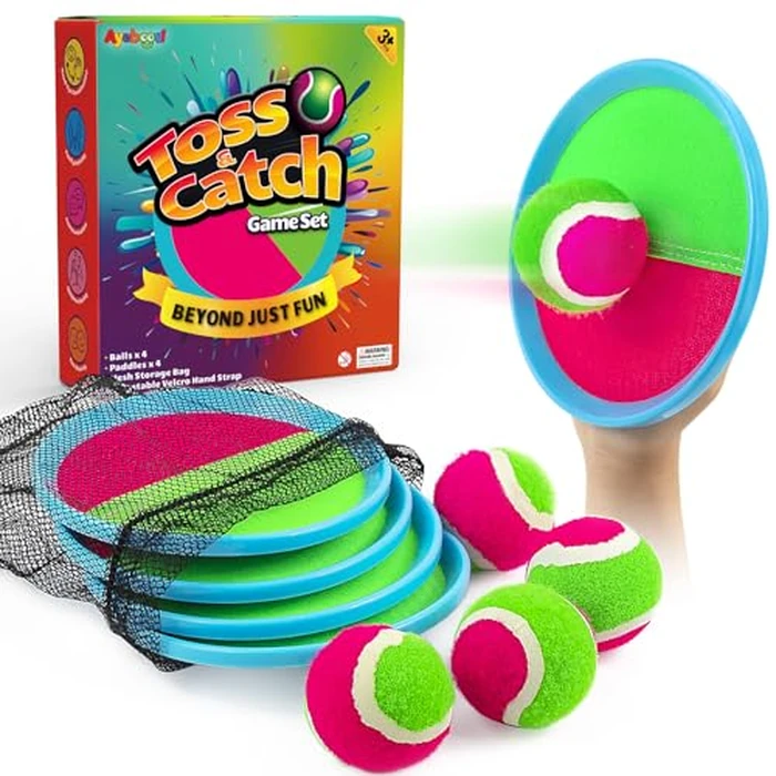 Ayeboovi Toss and Catch Ball Set Boys Toys Outdoor Toys Yard Games Outside Games Beach Toys for Kids Ball and Catch Game with 4 Paddles and 4 Balls [Upgraded Version] by Ayeboovi - Used - Very Good condition - US$23.91