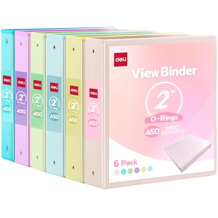 Deli 2-inch 3 Ring Binder with 2 Interior Pockets, 450 Sheets Capacity, 2 inch Binders fits 11" x 8.5" US Letter Size, Assorted 6 Pastel Colors, 6 Pack by deli - Used - Like New condition - CA$45.35