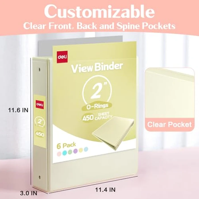 Deli 2-inch 3 Ring Binder with 2 Interior Pockets, 450 Sheets Capacity, 2 inch Binders fits 11" x 8.5" US Letter Size, Assorted 6 Pastel Colors, 6 Pack by deli - Image 3