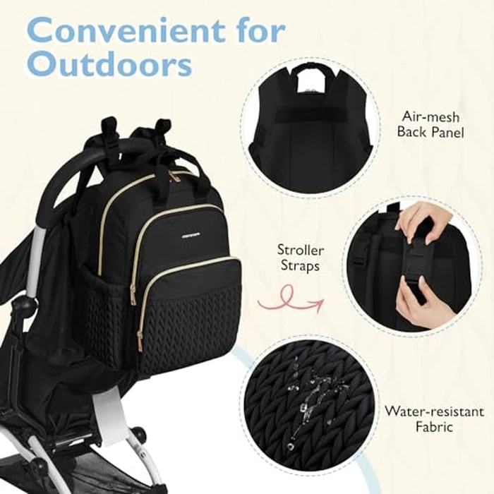 mommore Diaper Bag Backpack, Stylish Travel Baby Bag with Insulated Pockets, Changing Pad and Stroller Straps for Toddler (L-Black, Large-27L) by mommore - Image 5