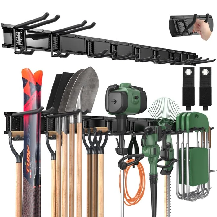 LBT 66" Garage Tool Organizer Wall Mount - 720lbs Garden Tool Organizer with Adjustable Hooks, Heavy Duty Metal Garage Storage Rack, Anti-Rust Shed Rack Holder Hanging Rake Broom Mower Snowboard by LBT - Used - Very Good condition - US$49.99