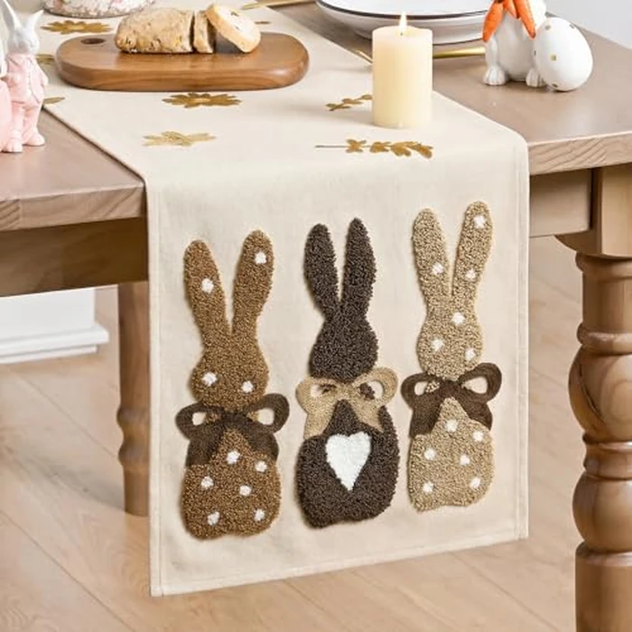 Artoid Mode Brown Soft Chain Embroidery Rabbit Bunny Happy Easter Table Runner, Seasonal Spring Kitchen Dining Table Decoration for Home Party Decor 13x72 Inch by Artoid Mode - Used - Very Good condition