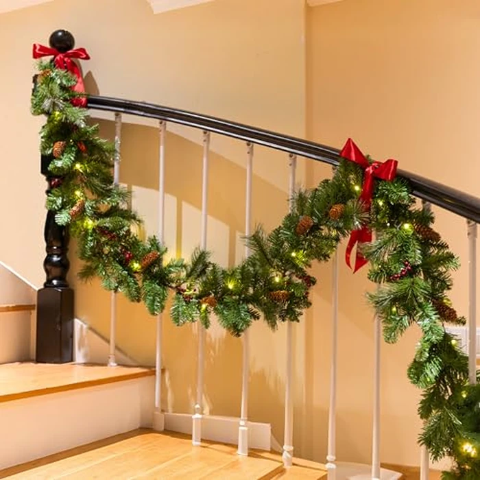 9 Feet Christmas Garland - Christmas Decorations - Carolina Pine Garland for Table,Mantle,Fireplace Indoor Outdoor-Green Garland for Christmas Decorations - Holiday Decor -Free Battery LED Lights by WHANLEY L&Q - Image 1