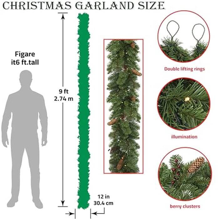 9 Feet Christmas Garland - Christmas Decorations - Carolina Pine Garland for Table,Mantle,Fireplace Indoor Outdoor-Green Garland for Christmas Decorations - Holiday Decor -Free Battery LED Lights by WHANLEY L&Q - Image 3