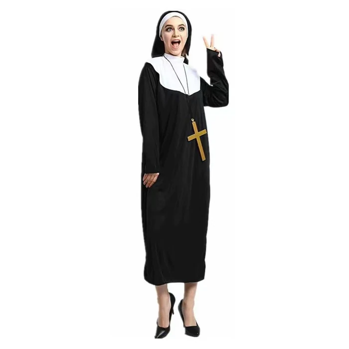 Esaleely Halloween Nun Costume for Women Cosplay Costume Dress Outfit Nun Habit with Nun Hat&White Collar& Cross Pendant (S) by Esaleely - Image 2