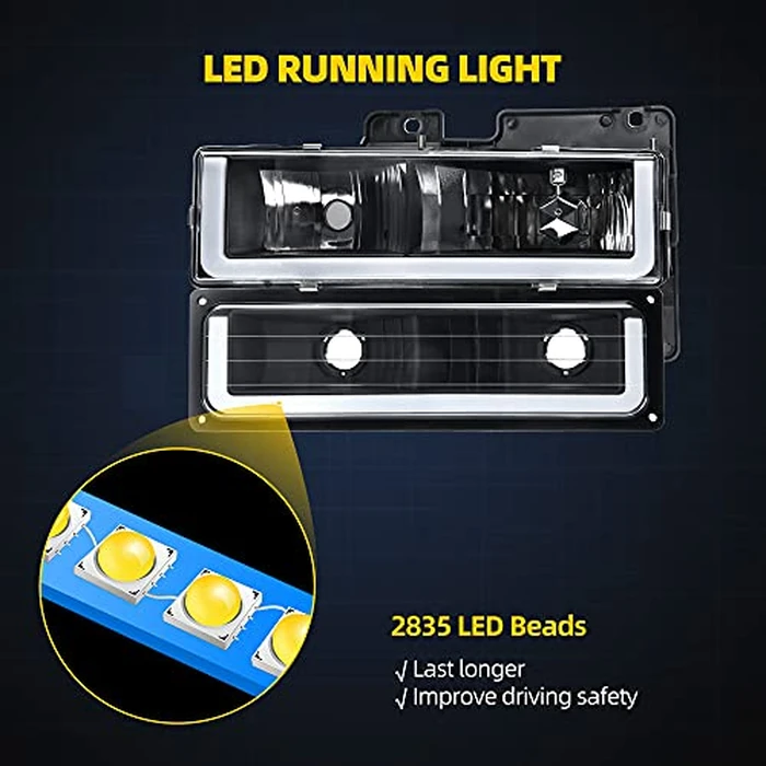 DWVO LED DRL Headlights Assembly Compatible with 1990-1999 Chevy Silverado C/K 1500 2500 3500/Suburban/Tahoe/GMC Yukon Headlamp Replacement Pair with Daytime Running Light by DWVO - Image 4
