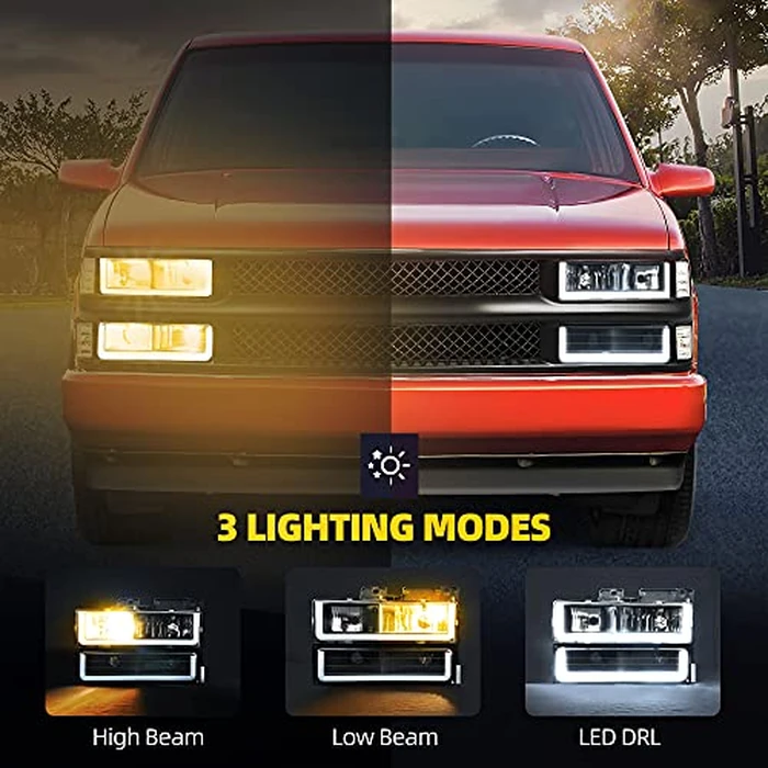 DWVO LED DRL Headlights Assembly Compatible with 1990-1999 Chevy Silverado C/K 1500 2500 3500/Suburban/Tahoe/GMC Yukon Headlamp Replacement Pair with Daytime Running Light by DWVO - Image 5