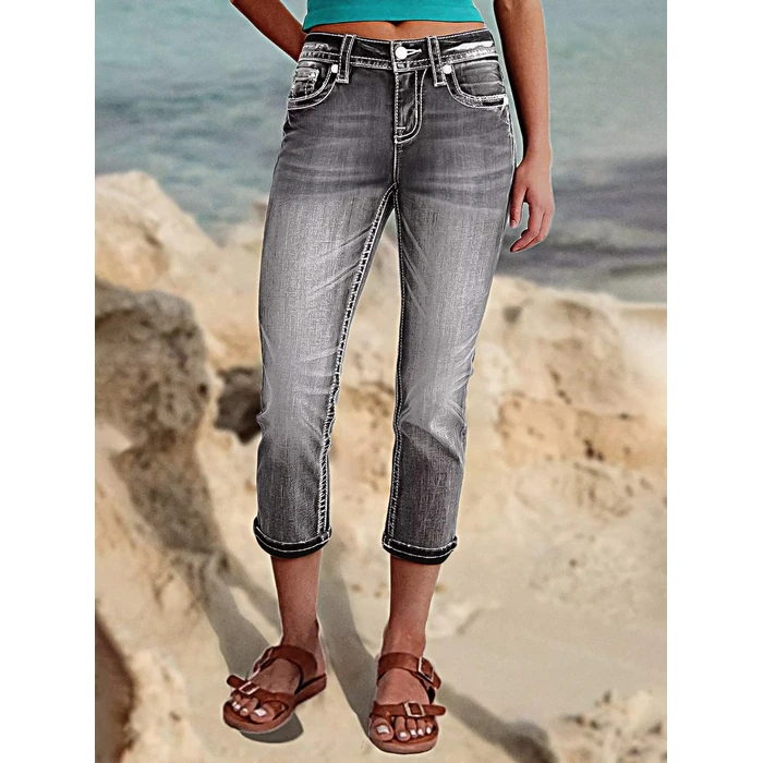 Flamingals Women's Denim Capri Jeans for Women Mid Rise Skinny Capri Pants Gray S by Flamingals - Image 3