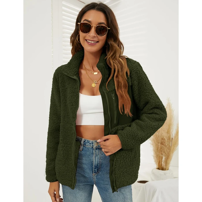 VVK Women's Fashion Faux Shearling Shaggy Full Zip Coats Warm Winter Patchwork Jackets with Pocket (Army Green, S) by VVK - Image 10