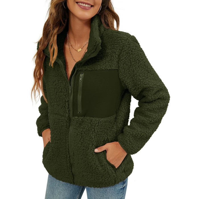 VVK Women's Fashion Faux Shearling Shaggy Full Zip Coats Warm Winter Patchwork Jackets with Pocket (Army Green, S) by VVK - Image 1