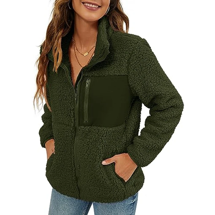 VVK Women's Fashion Faux Shearling Shaggy Full Zip Coats Warm Winter Patchwork Jackets with Pocket (Army Green, S) by VVK - Image 2
