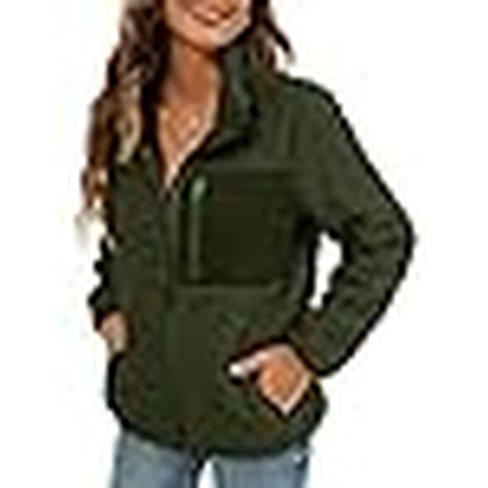 VVK Women's Fashion Faux Shearling Shaggy Full Zip Coats Warm Winter Patchwork Jackets with Pocket (Army Green, S) by VVK - Image 3