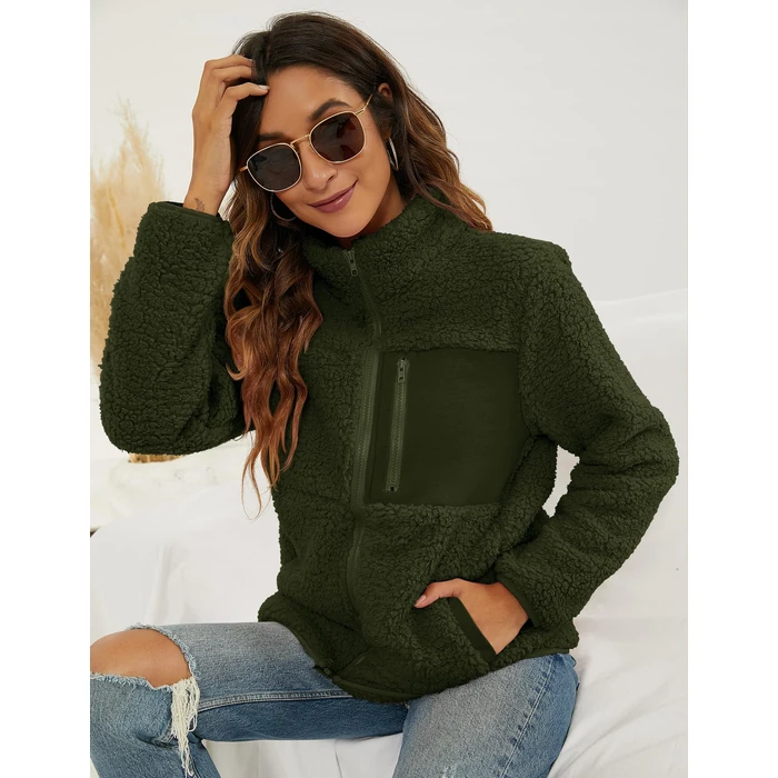 VVK Women's Fashion Faux Shearling Shaggy Full Zip Coats Warm Winter Patchwork Jackets with Pocket (Army Green, S) by VVK - Image 4