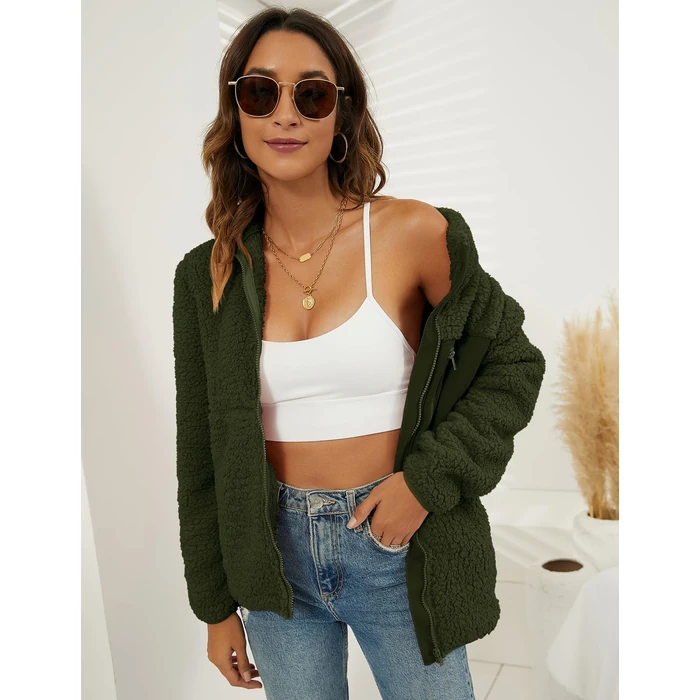 VVK Women's Fashion Faux Shearling Shaggy Full Zip Coats Warm Winter Patchwork Jackets with Pocket (Army Green, S) by VVK - Image 7